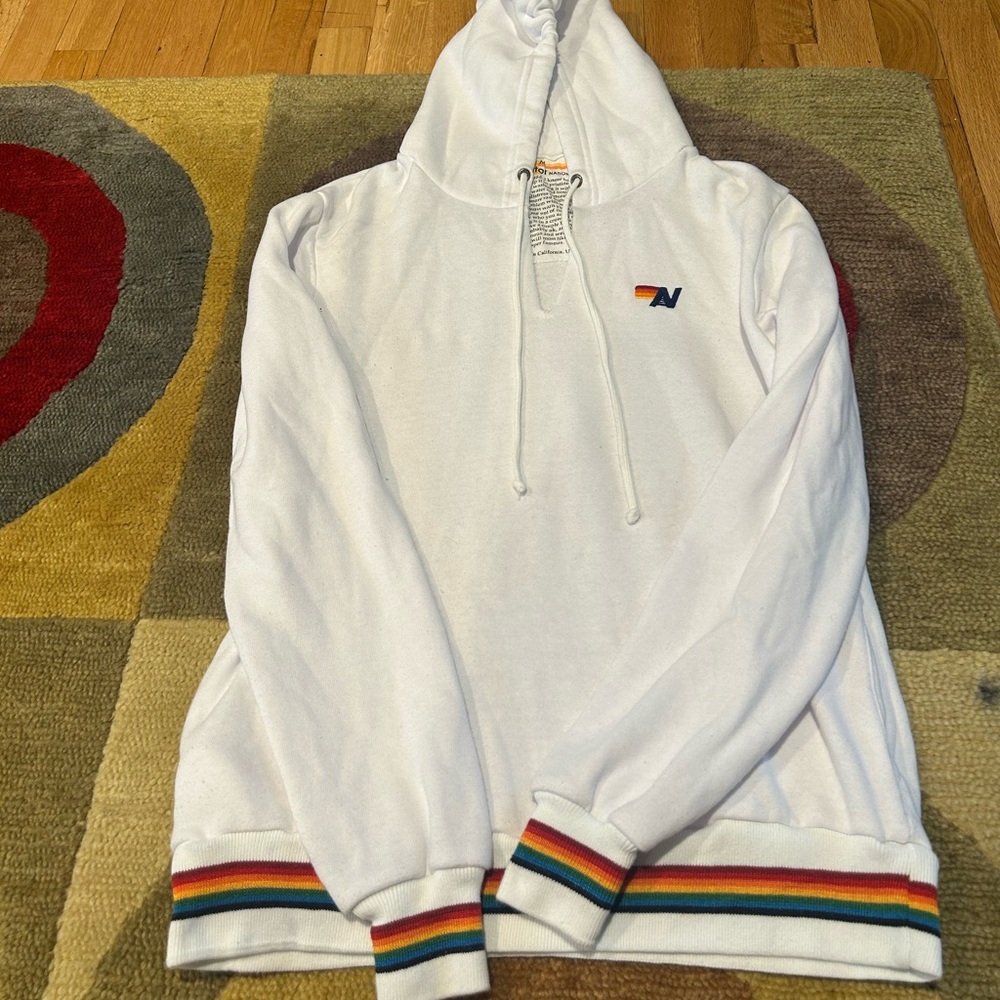 Aviator Nation White V Neck Sweatshirt Hoodie Rainbow Stripes Women’s Medium